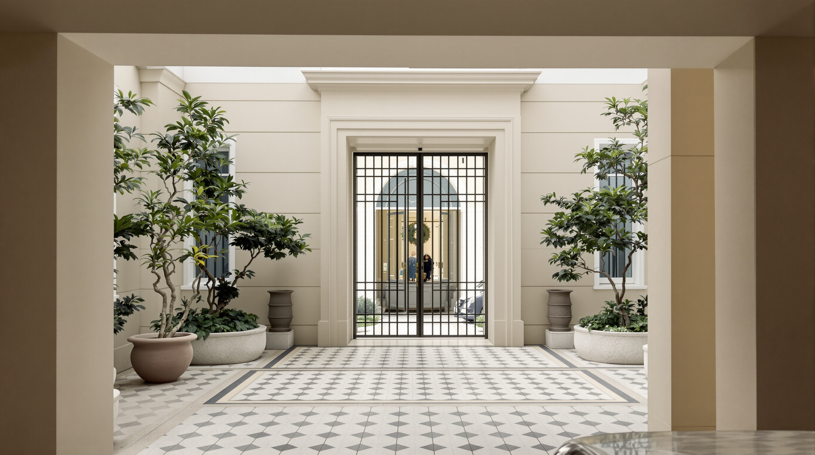 Entrada de edifício de luxo em bairro nobre, com paisagismo e fachada neoclássica — area nobre sao paulo