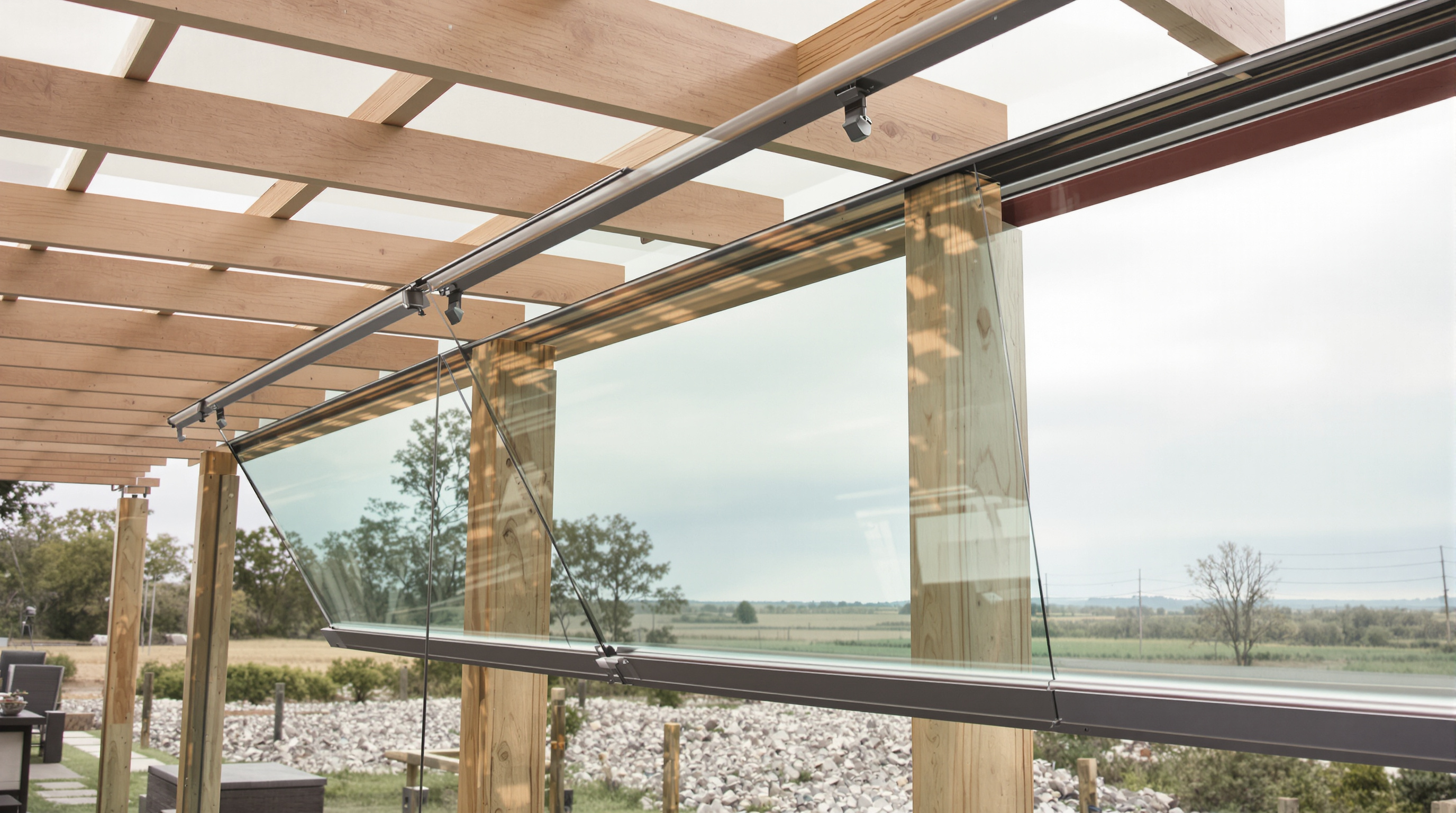 Pérgola com vidro retrátil em casa de campo luxuosa, oferecendo proteção e integração com o exterior