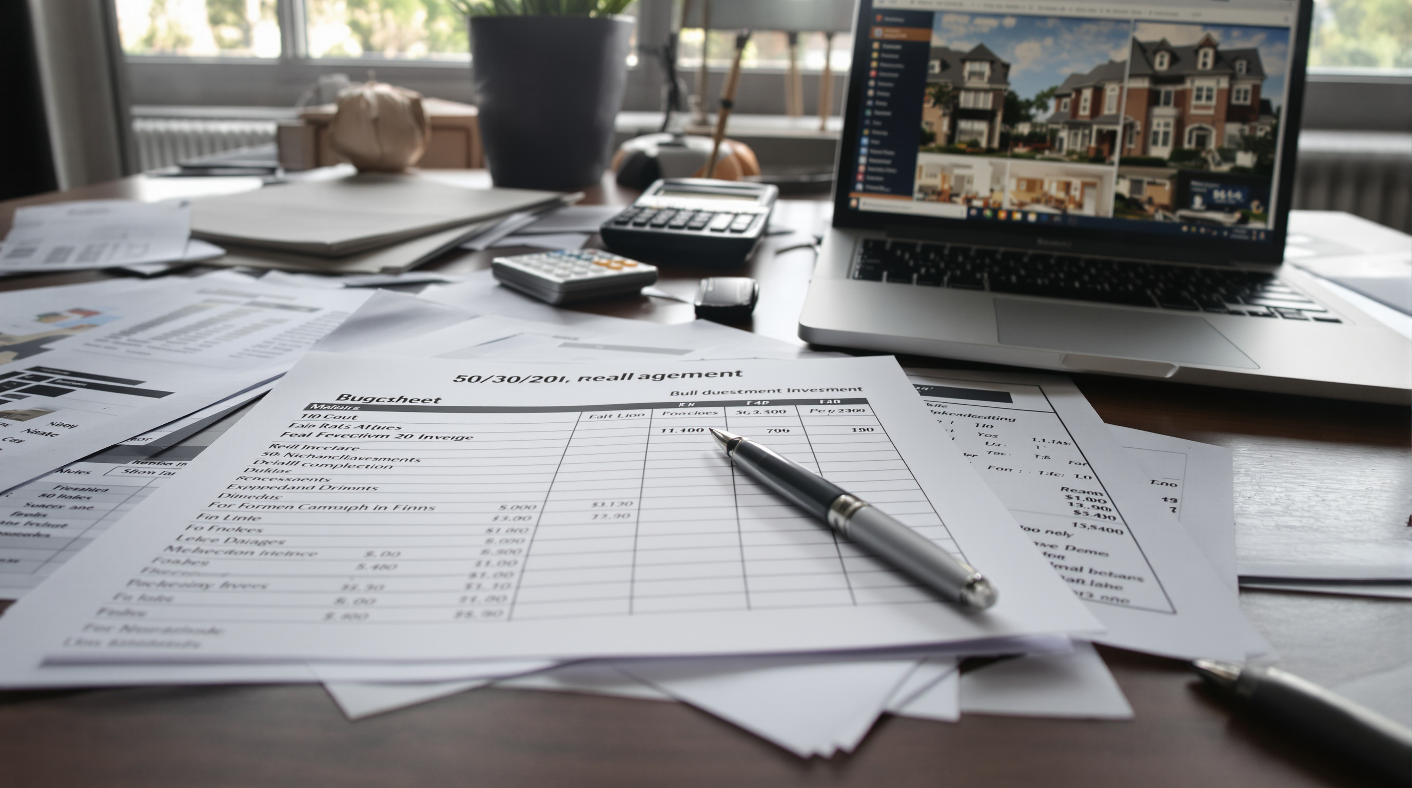 Ambiente de escritório home office com documentos de investimento imobiliário e regra orçamentária 50/30/20 impressa