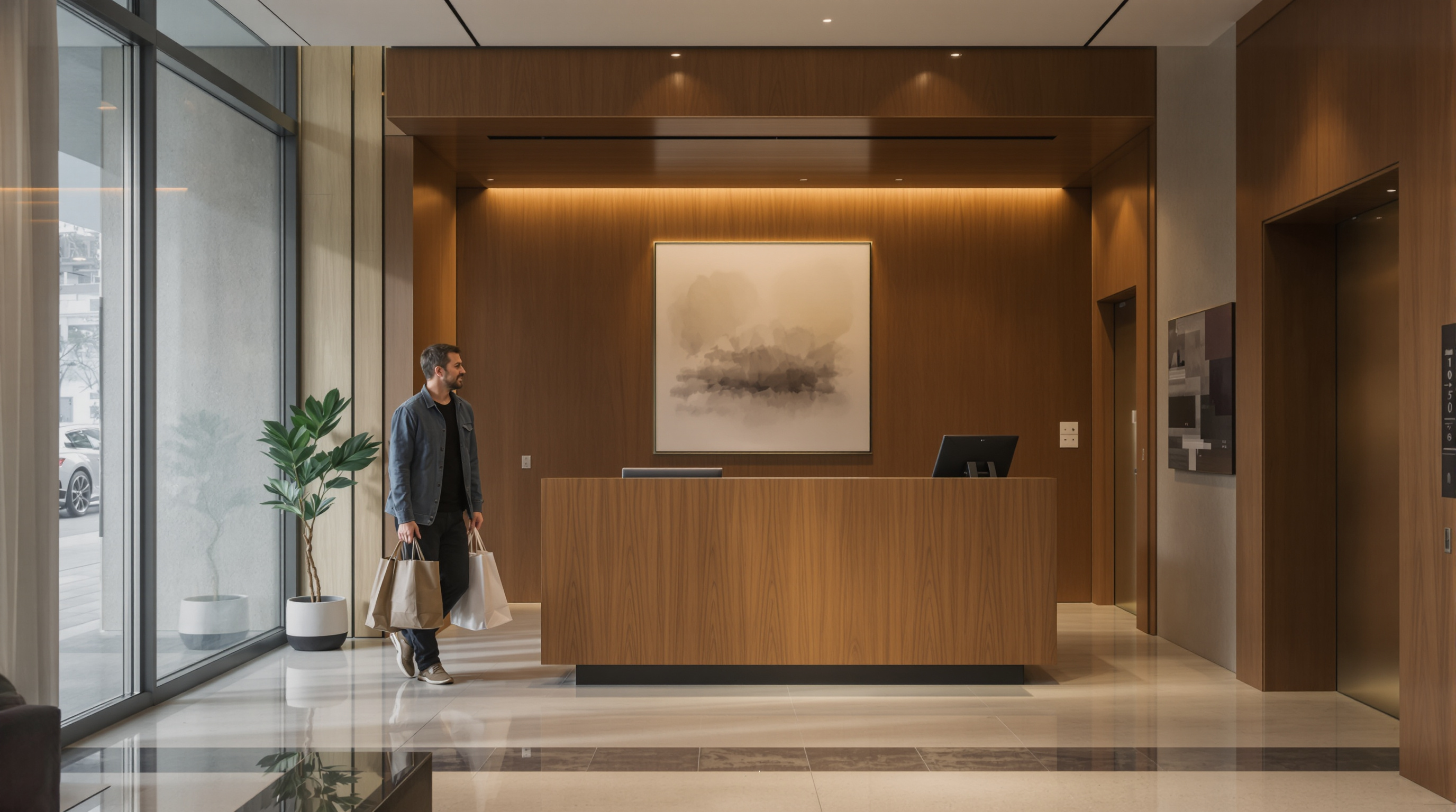 Lobby moderno de condomínio boutique com design autoral e recepção sofisticada