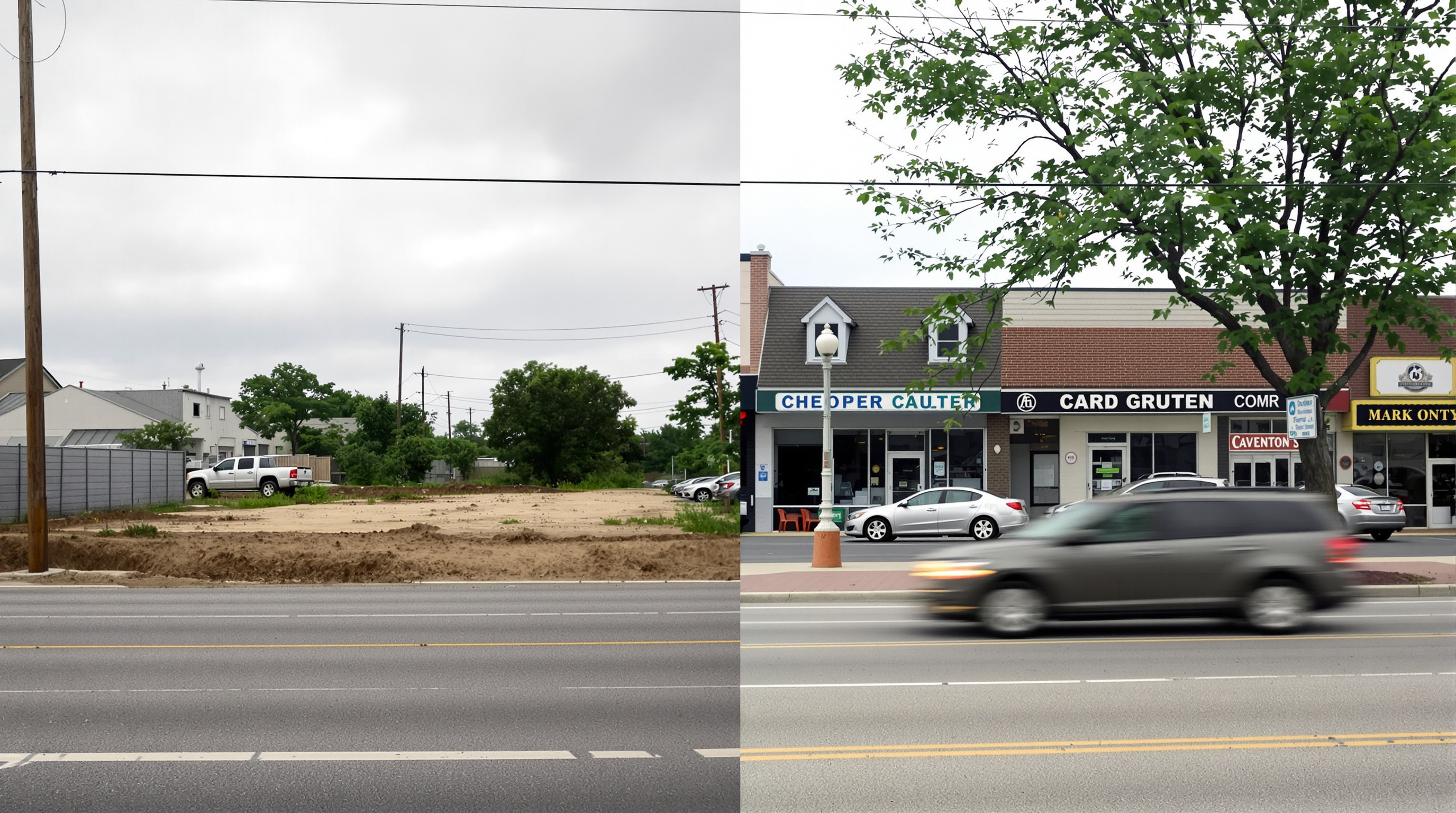 Comparação visual entre terreno sem infraestrutura e área consolidada com demanda de mercado verificada