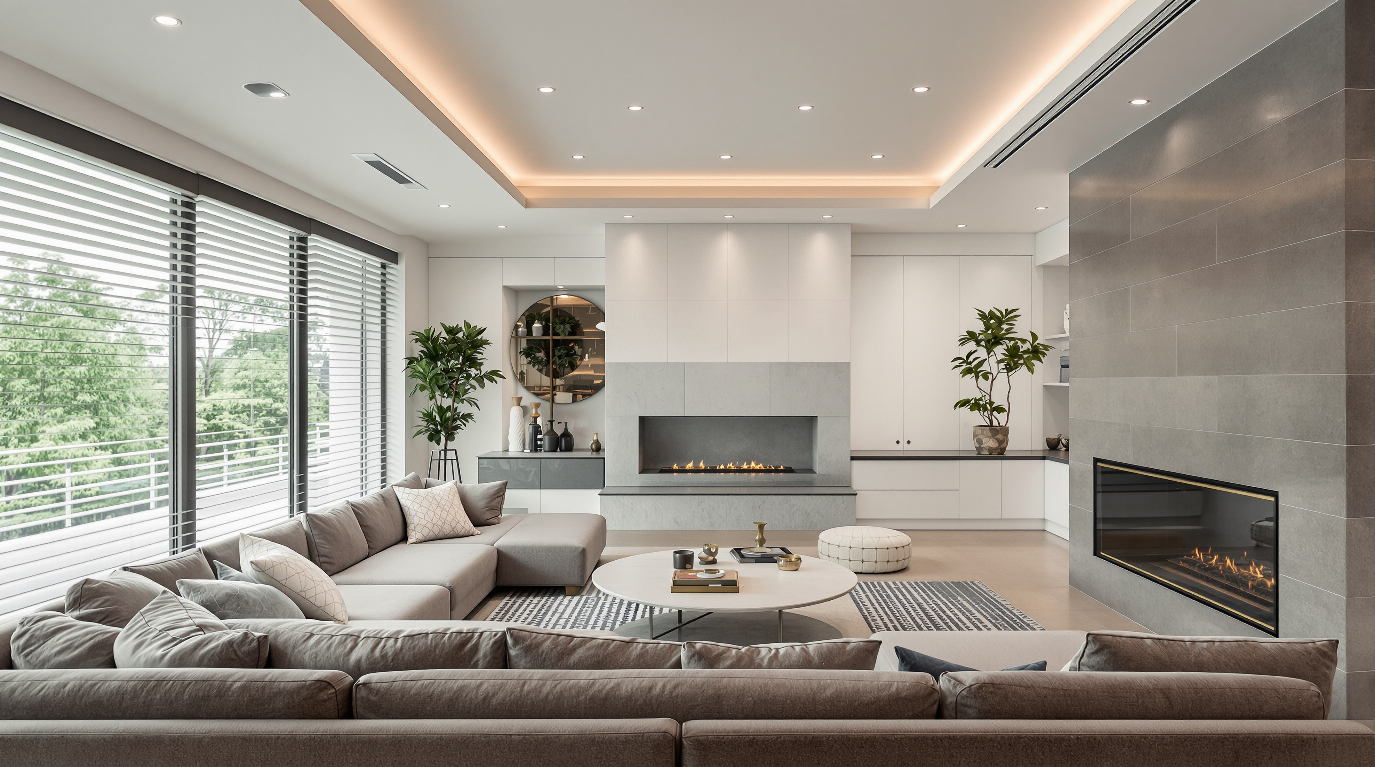 Sala inteligente em mansão de luxo com automação integrada de iluminação e climatização