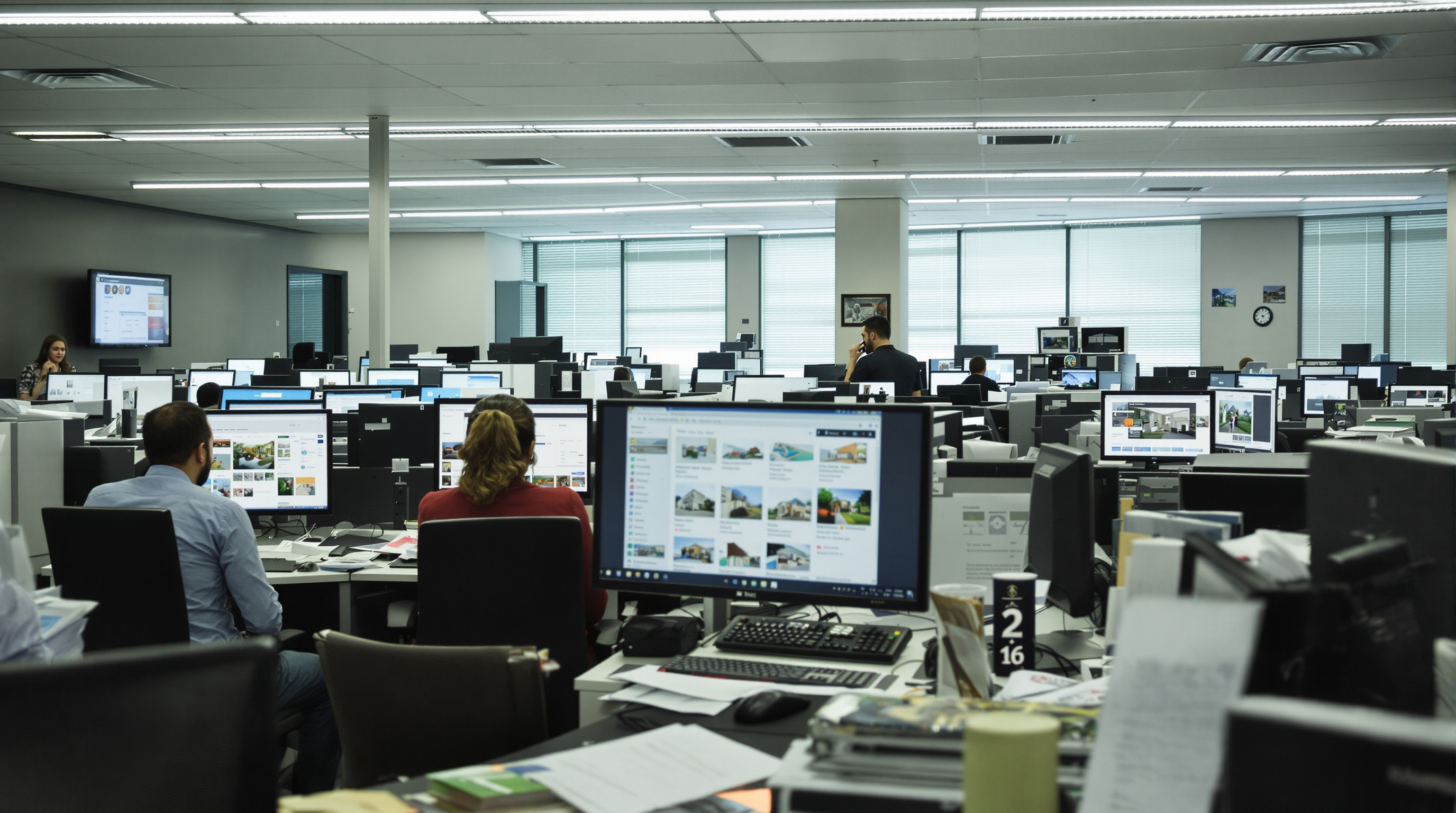Ambiente de imobiliária com agentes analisando novidades setor de imóveis e dados de crédito imobiliário em computadores, refletindo a pressão do segmento de alto padrão em 2026