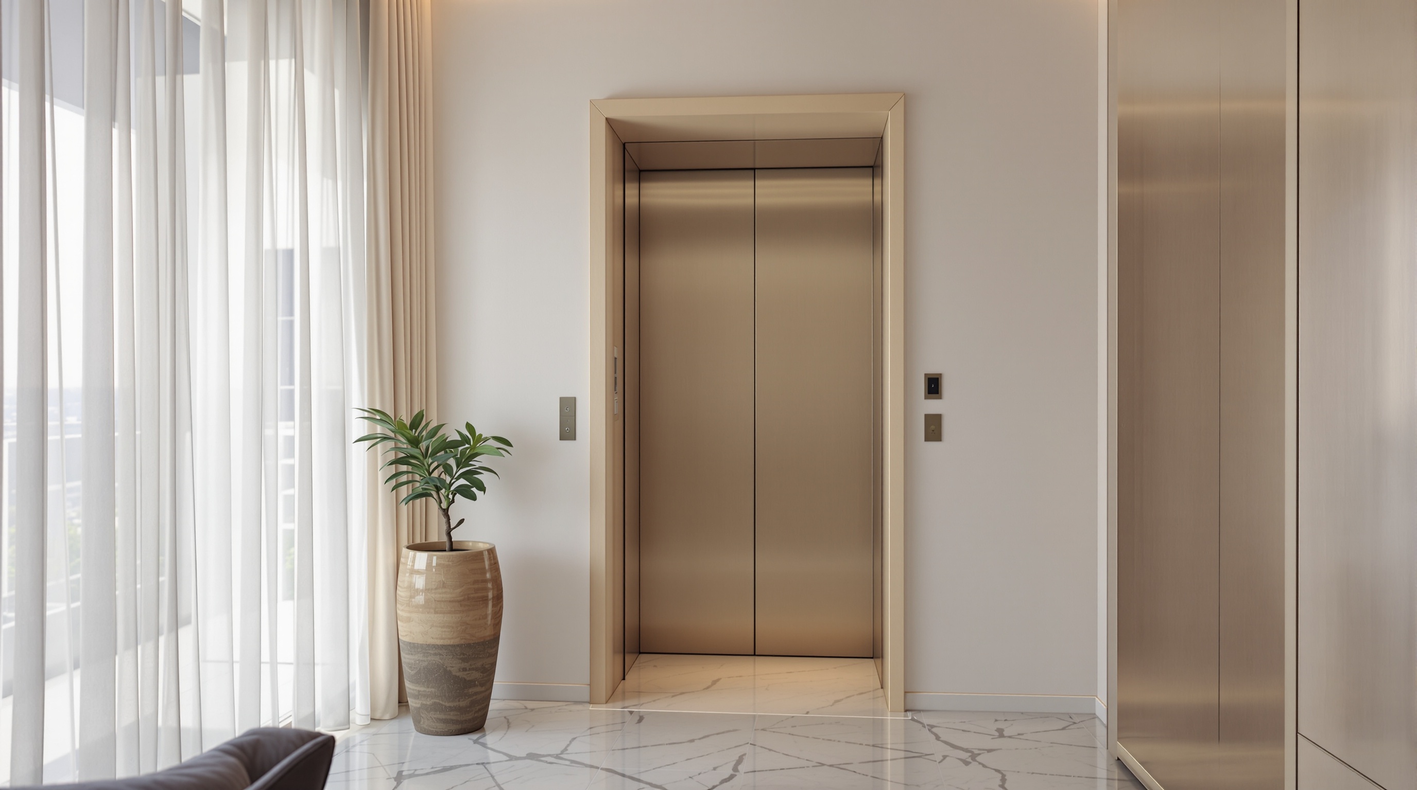 Elevador privativo em apartamento de ultra-luxo em Vila Nova Conceição, desembarcando direto na sala, luz natural filtrada por cortinas.