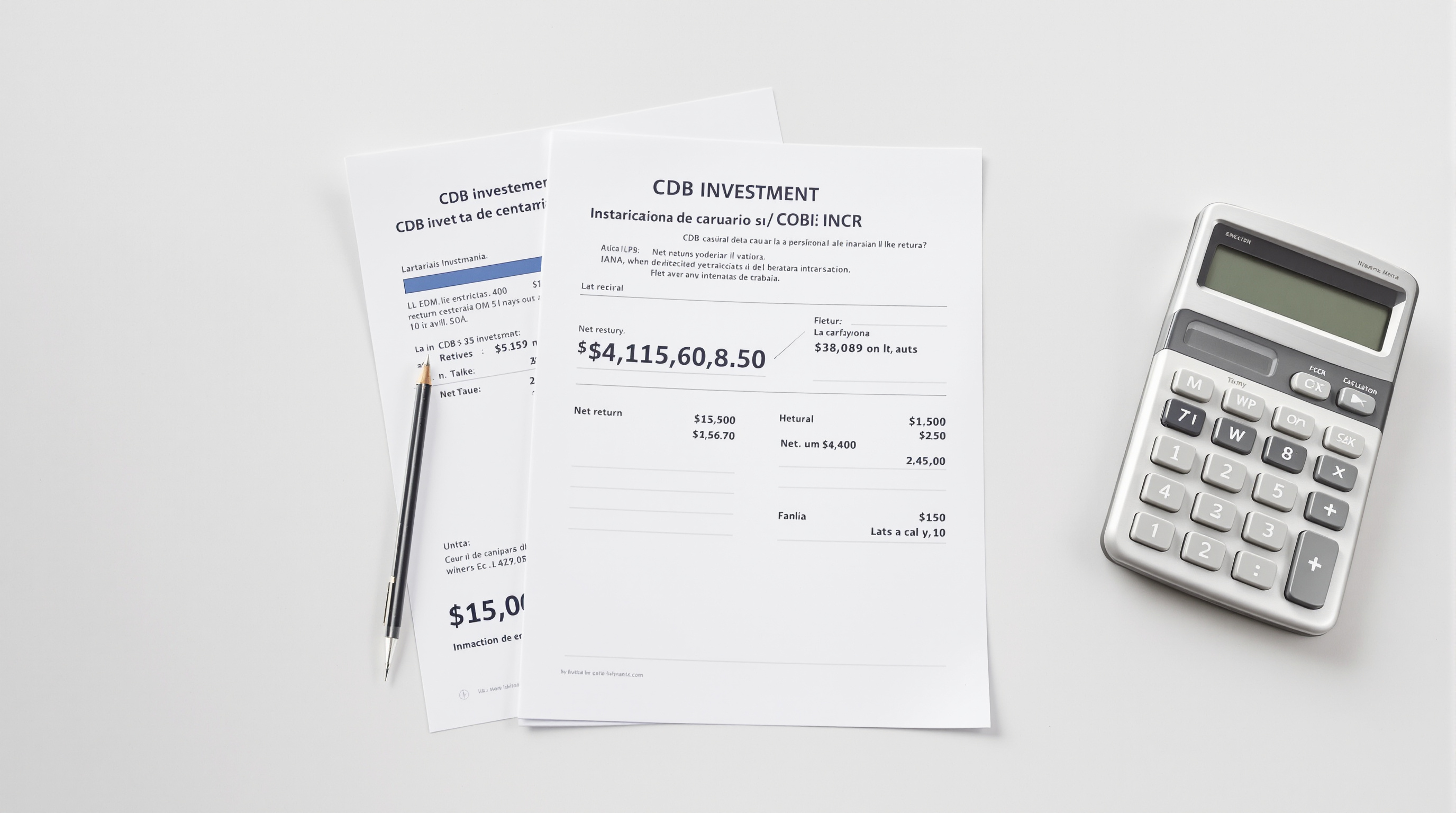 Análise de rentabilidade líquida de investimentos em CDB com calculadora e documentos