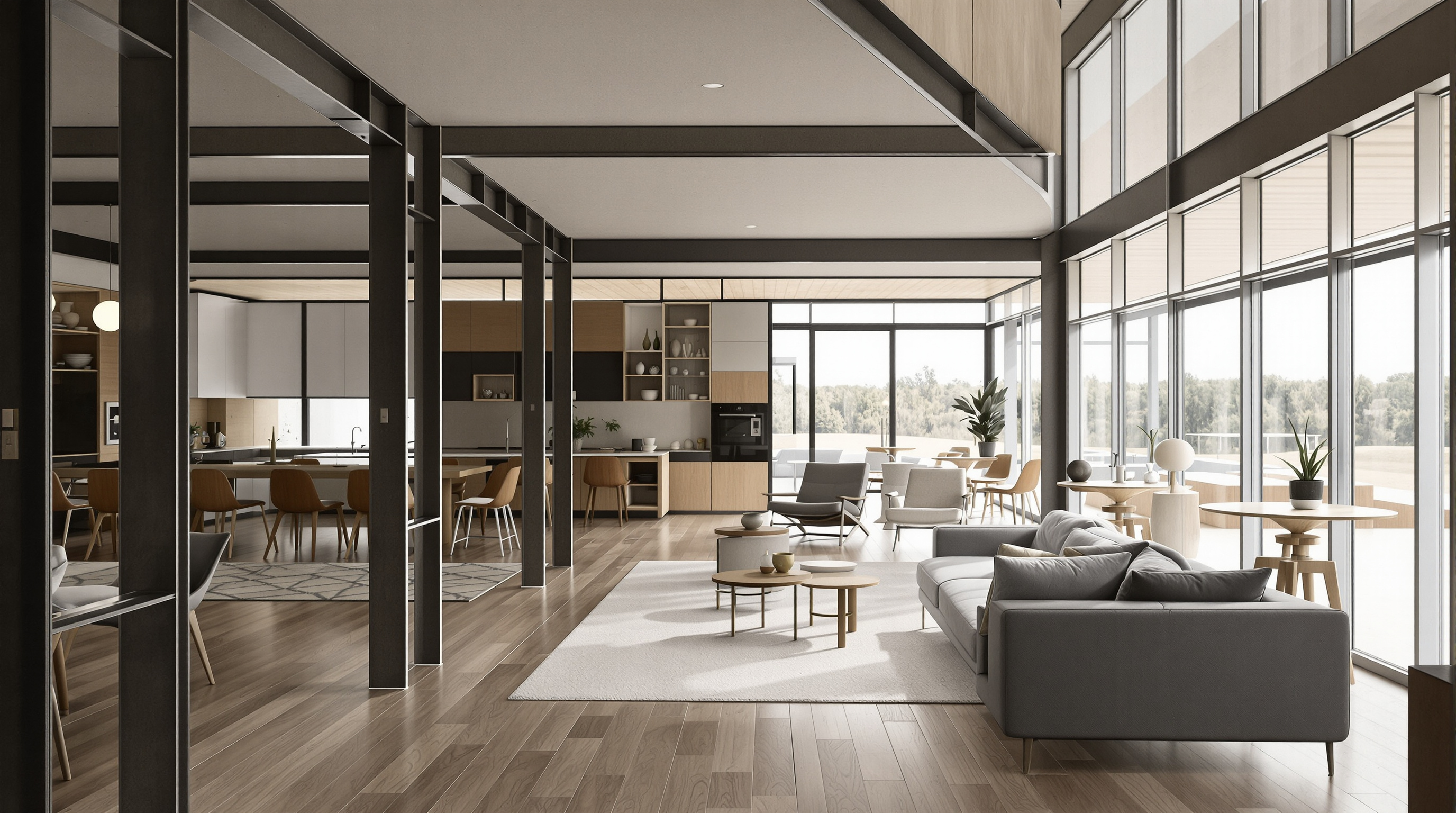 Sala de estar modernista com móveis geométricos, estrutura de aço e janelas em fita do design moderno