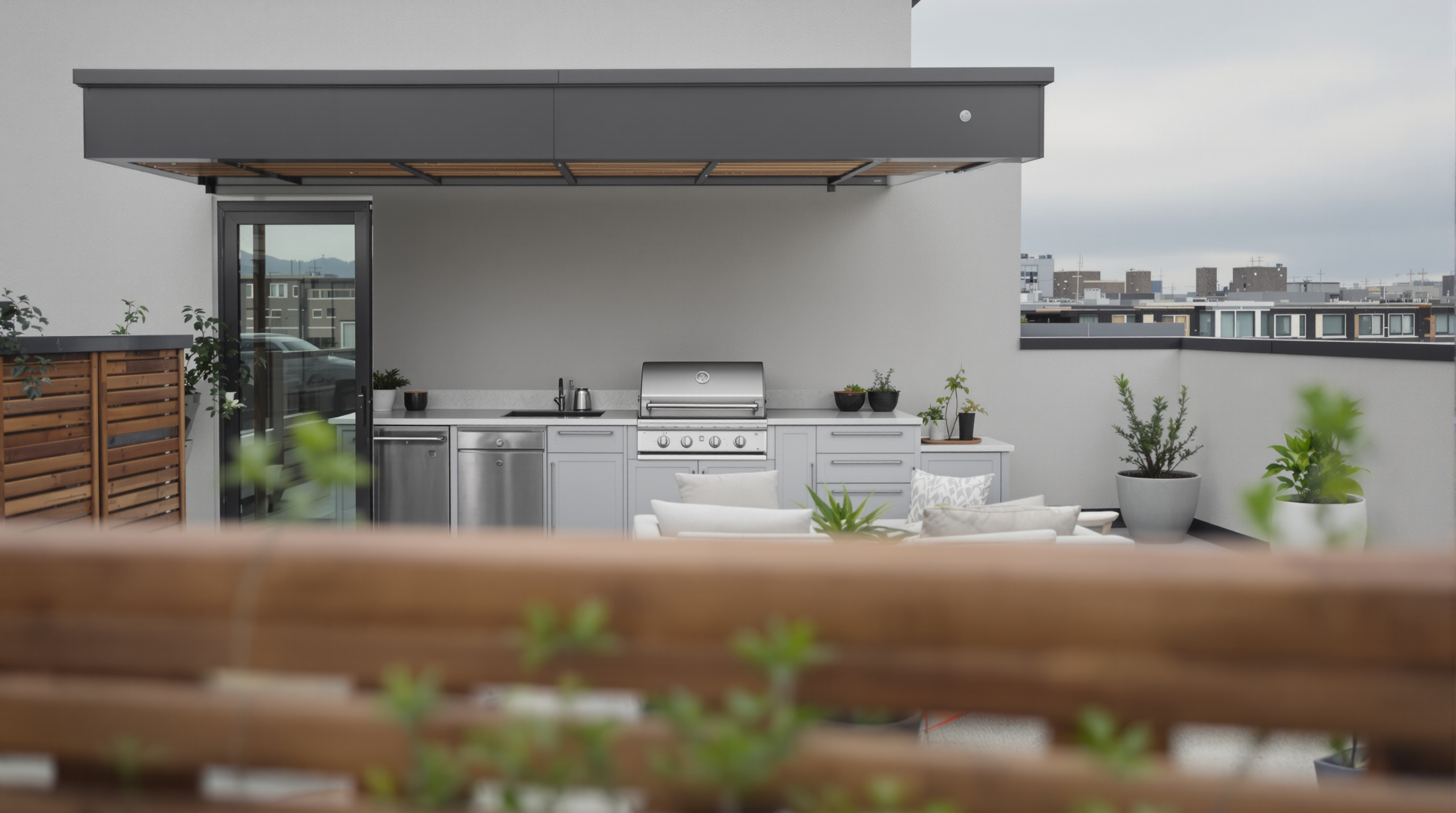 Área gourmet em rooftop com churrasqueira e espaço de lazer planejado