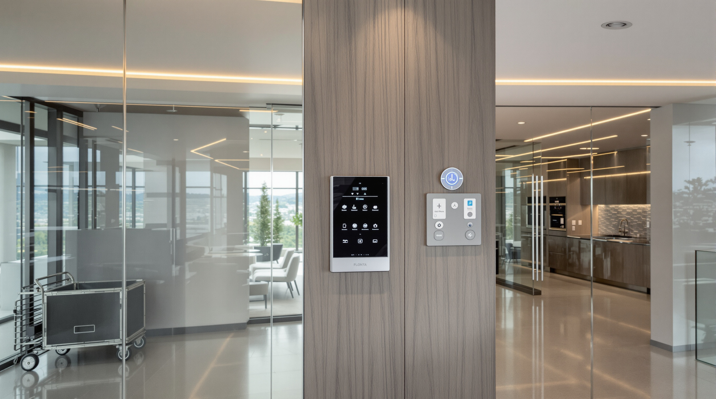 Interior de condomínio de luxo com automação predial e isolamento térmico avançado, exemplo de sustentabilidade integrada