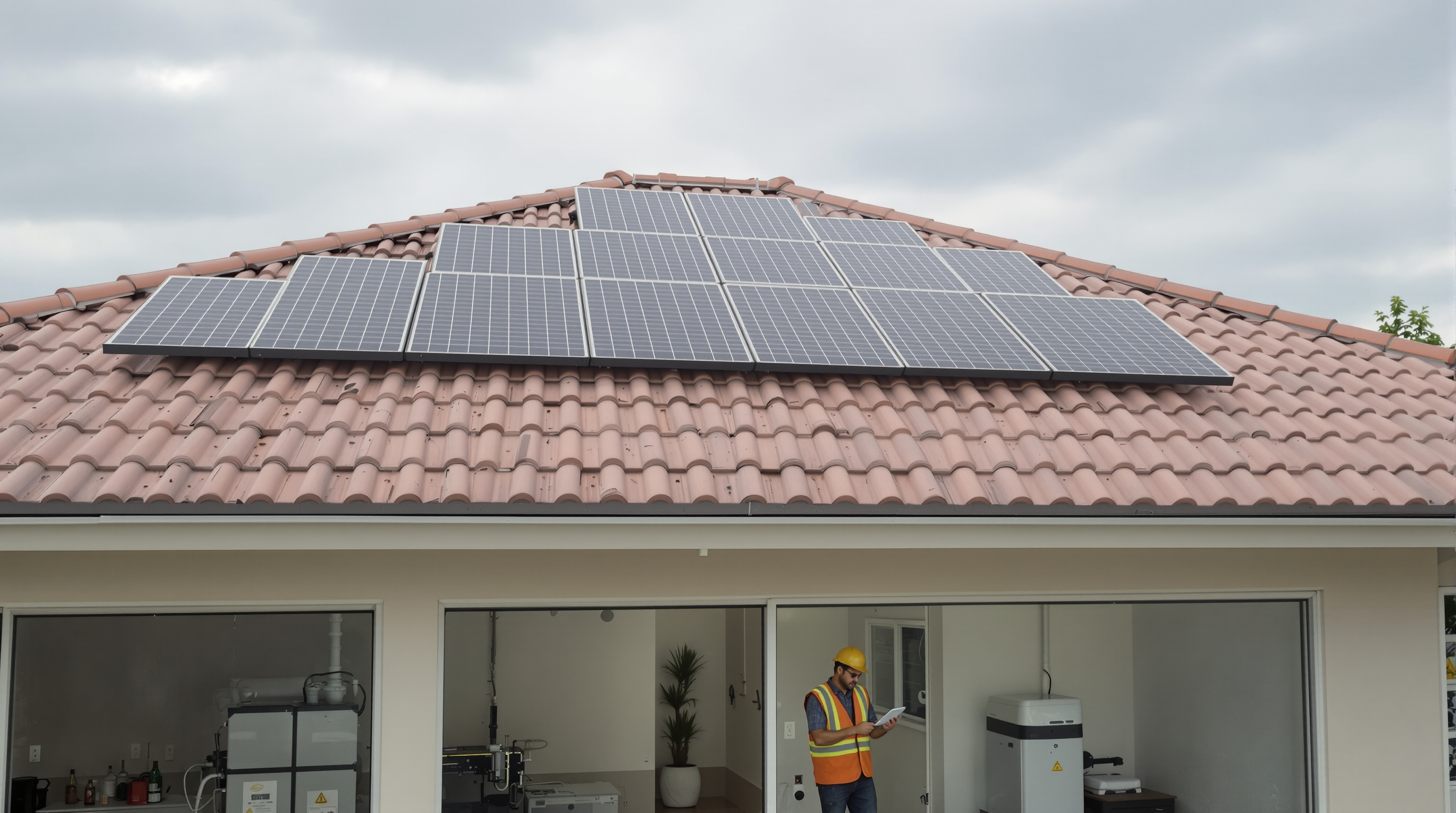 Painéis solares e baterias de lítio integrados em casa inteligente de alto padrão para energia renovável