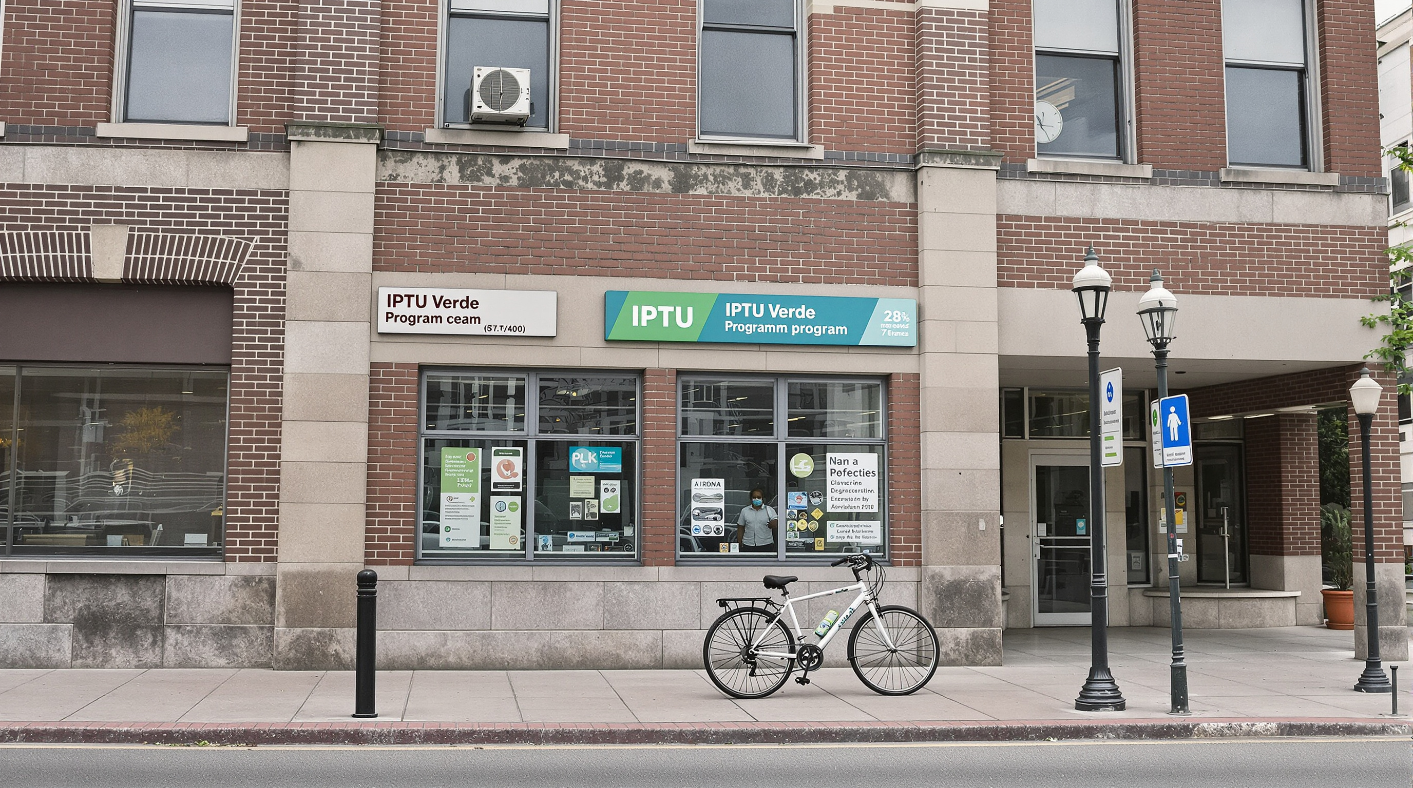 Fachada de prefeitura com programa IPTU Verde em placa municipal